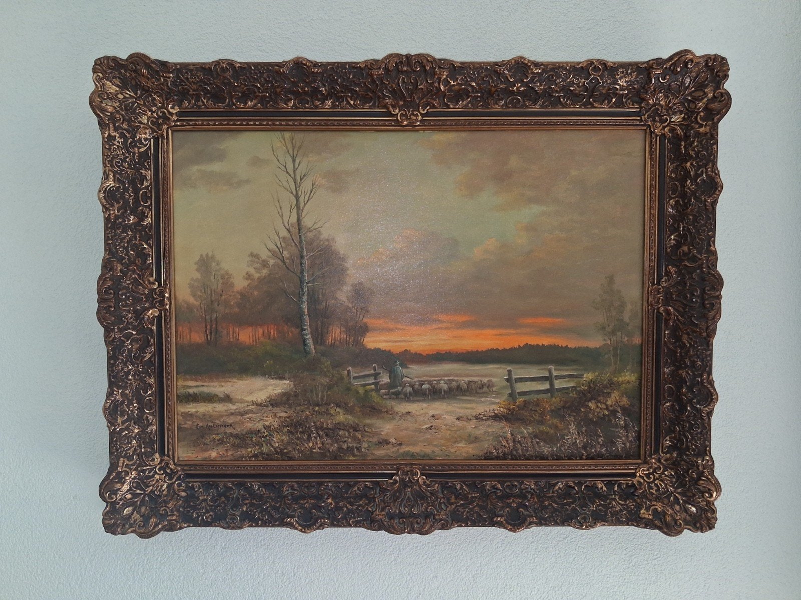 Schilderij Landschap met schapen en herder bij zonsondergang, Ophalen, Handgeschilderd, Doek, Landschap