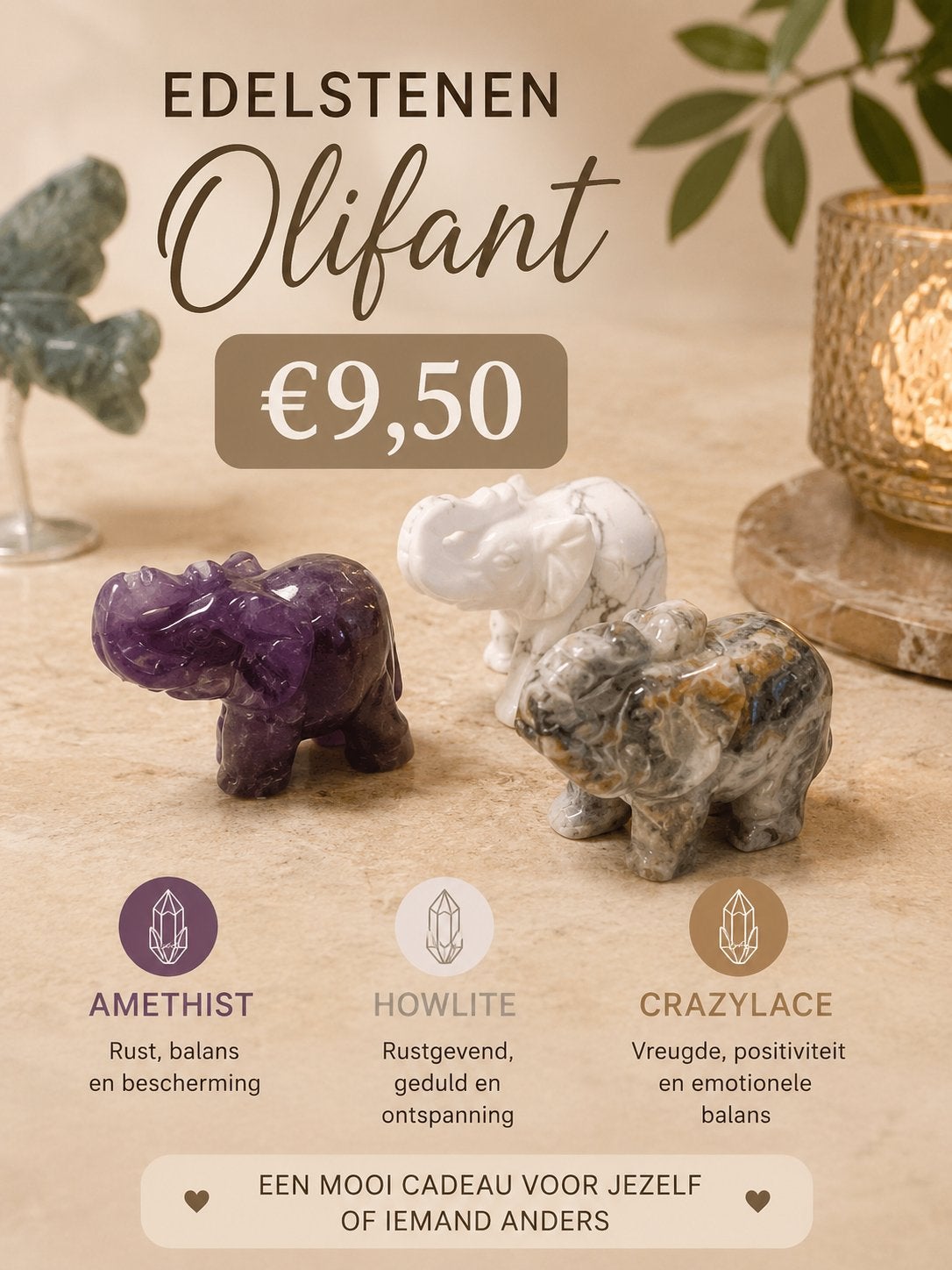 Edelstenen Olifant: Amethist, Howliet, Crazylace, Ophalen of Verzenden, Nieuw