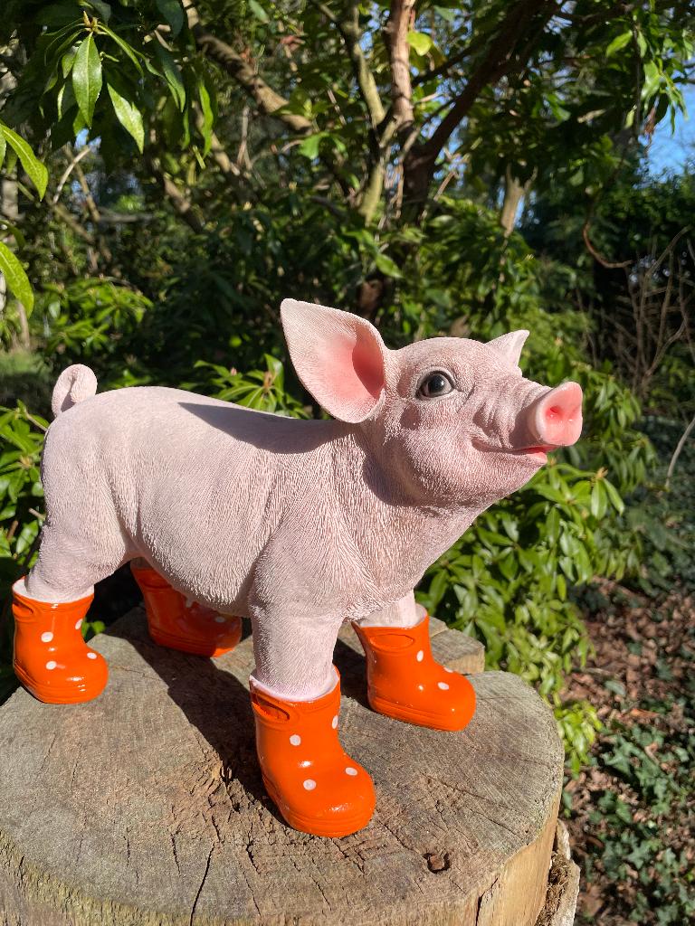 Varken laarsjes staand, Oranje, boerderij, tuin, 35cm, Tuin en Terras, Tuinbeelden, Ophalen of Verzenden, Nieuw, Kunststof, Dierenbeeld