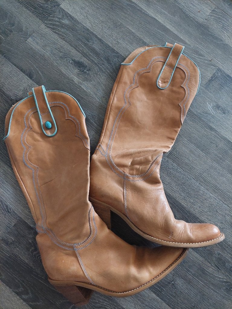 Leren cowboylaarzen met turquoise details - Maat 41, Hoge laarzen, Bruin, Ophalen of Verzenden, Onbekend