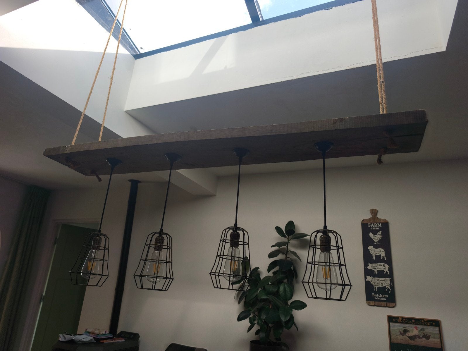 Unieke hanglamp met eiken schaaldeel en 4 lampen, Ophalen of Verzenden, Zo goed als nieuw, Hout, Industrieel, Landelijk
