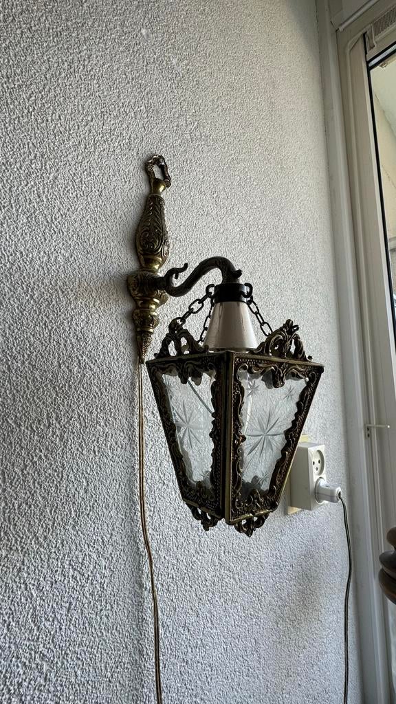 Antiek vintage wandlampje van koper en glas, Antiek en Kunst, Ophalen