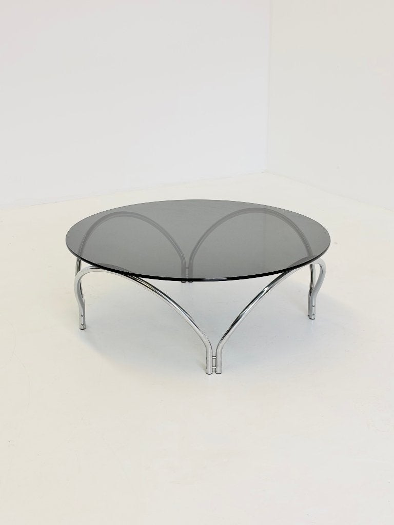 Vintage Space Age salontafel rookglas en chroom, Ophalen, 100 tot 150 cm, -, 75 cm of meer