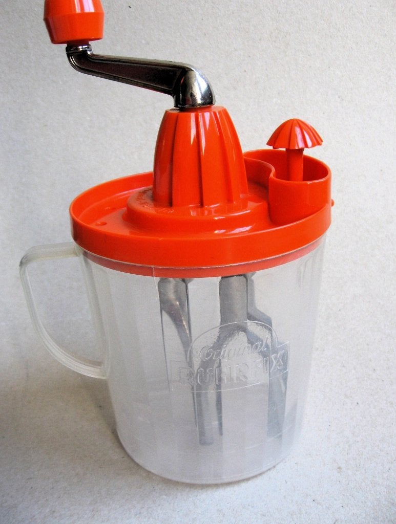 Retro oranje Ruhrfix handmixer citruspers, maatbeker '70, Ophalen of Verzenden
