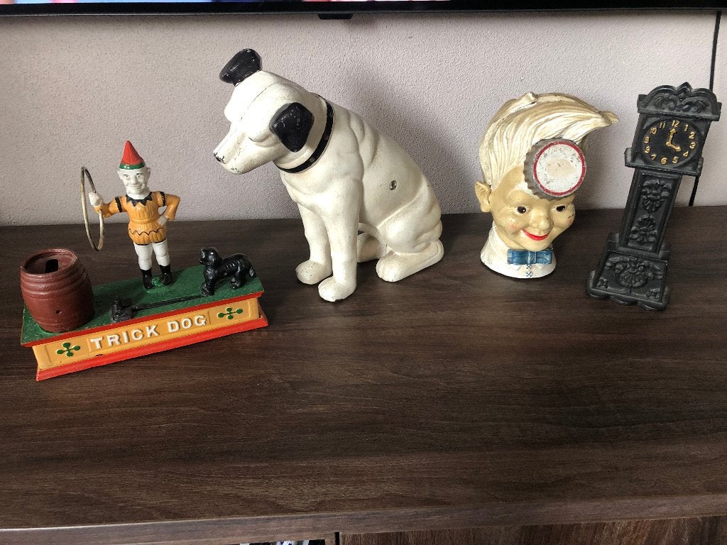 4 gietijzer spaarpotten hond hoofd  trick.dog  klok zie info, Verzamelen, Ophalen, Gebruikt, Metaal of Blik, Overige thema's
