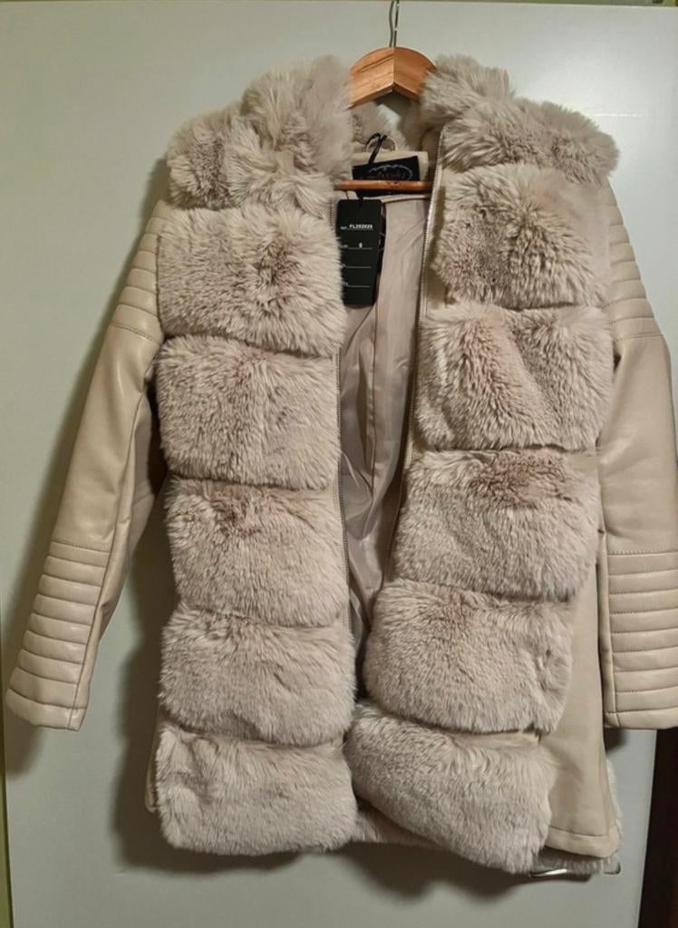 Nieuwe FLAM Mode Jas met Bont en Riem - Maat S, Kleding | Dames, Ophalen of Verzenden, Nieuw, Maat 36 (S), Beige