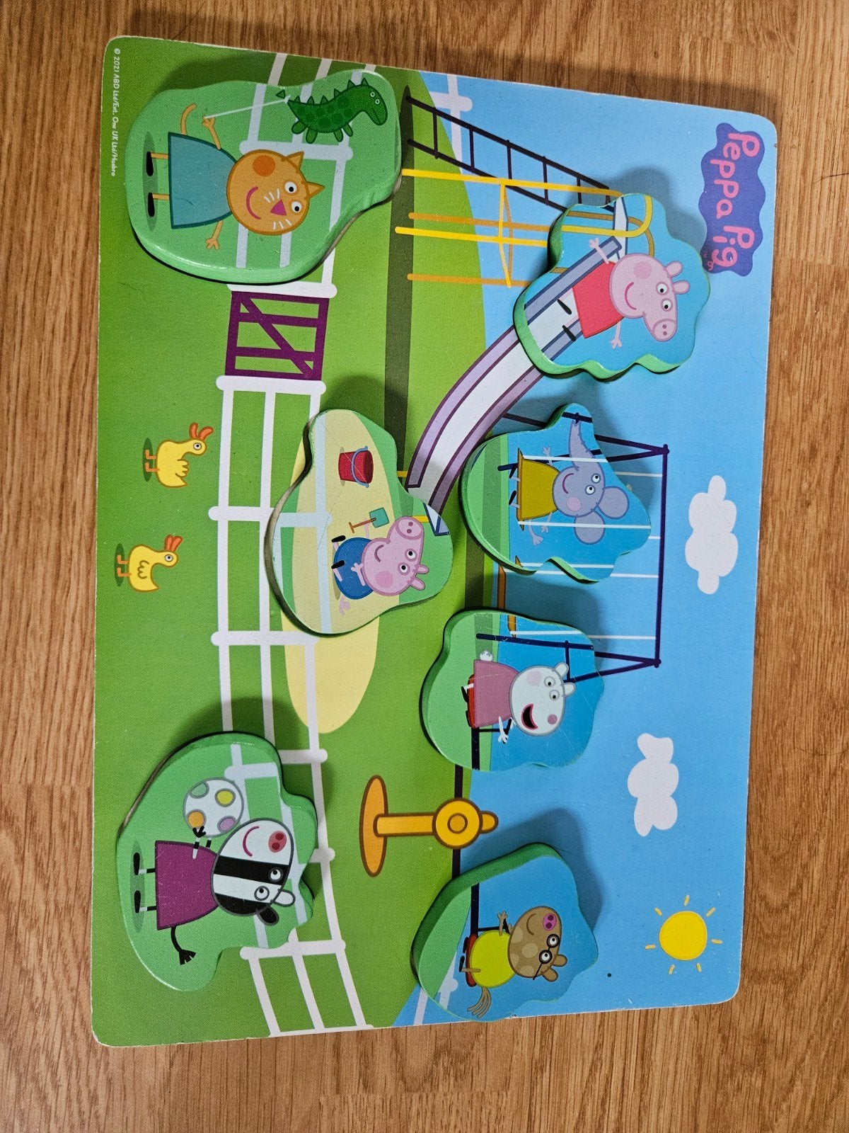 Houten puzzel van peppa pig staartvin avontuur 7 stukjes, Ophalen of Verzenden, Zo goed als nieuw, Van hout, Minder dan 10 stukjes