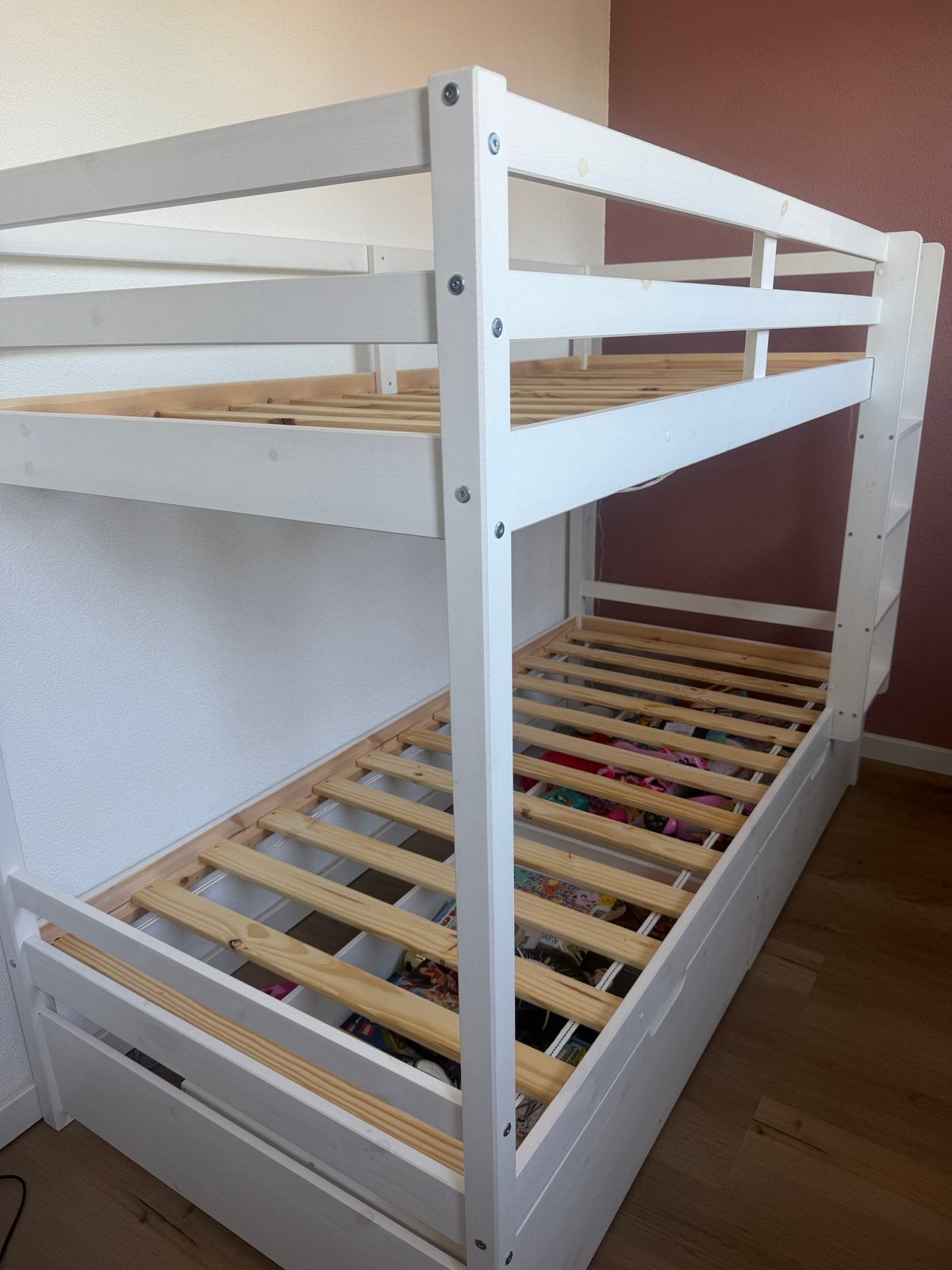 Wit stapelbed met opbergladen, Ophalen, 90 cm, Eenpersoons, 160 tot 180 cm