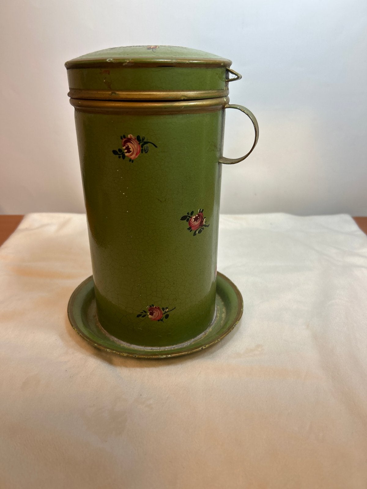 Vintage Groene Theebus met Rozen Decoratie, Antiek en Kunst, Ophalen of Verzenden