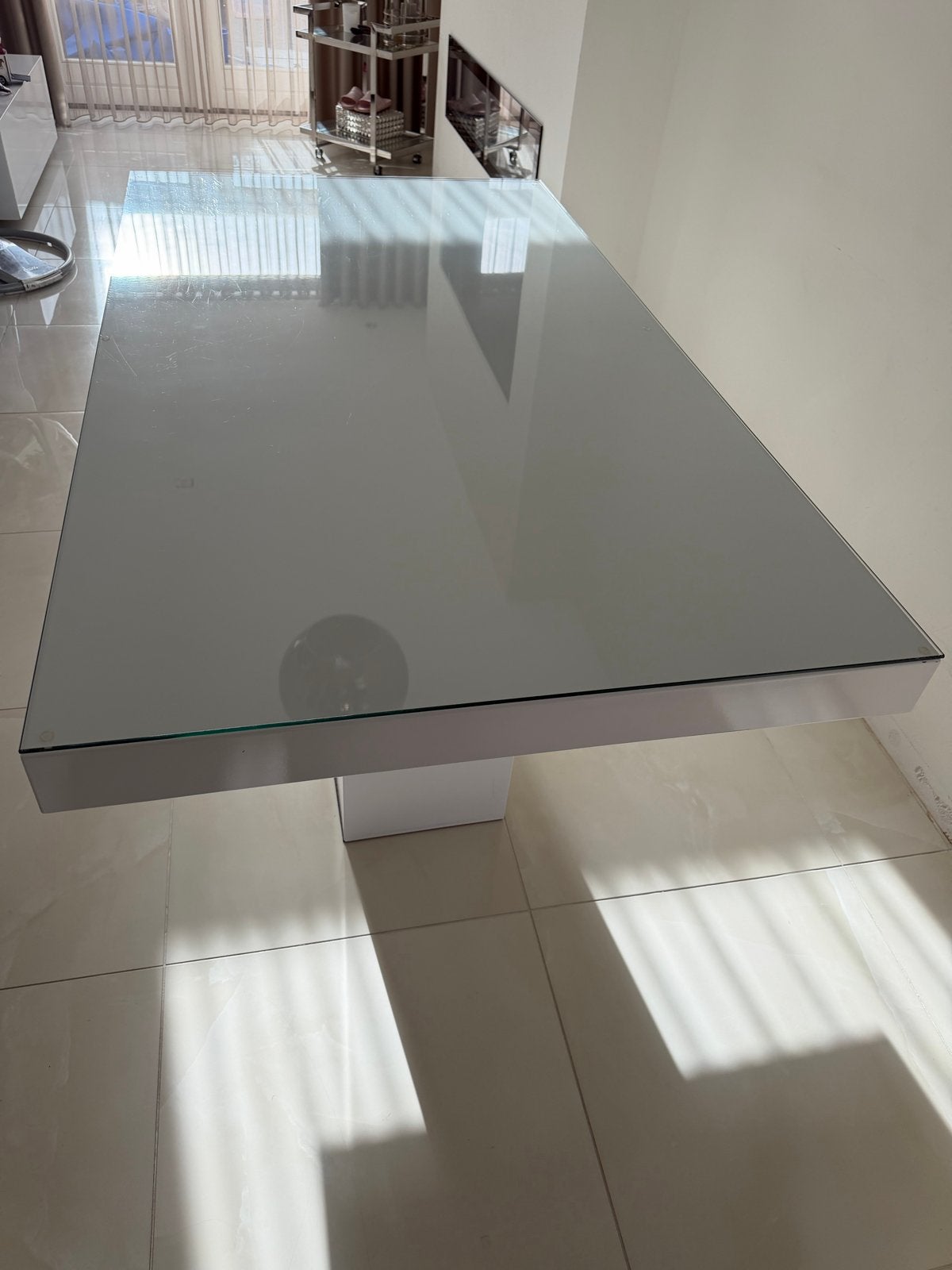 Hoogglans witte eettafel met glasplaat (160x90cm), Huis en Inrichting, Gebruikt, Glas, 150 tot 200 cm, Vier personen