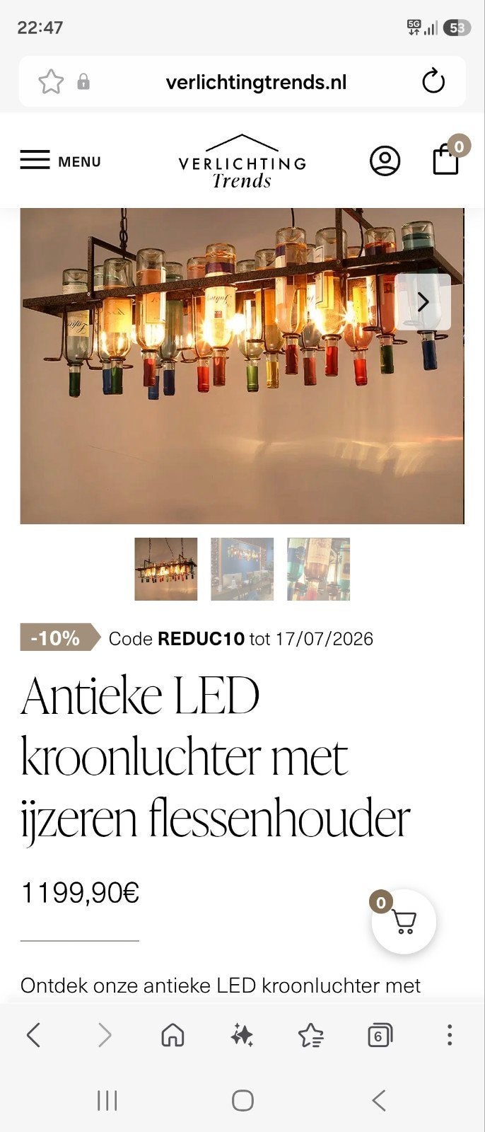 Antieke LED kroonluchter met ijzeren flessenhouder, Ophalen, Nieuw, Overige fittingen, Antiek, Industrieel