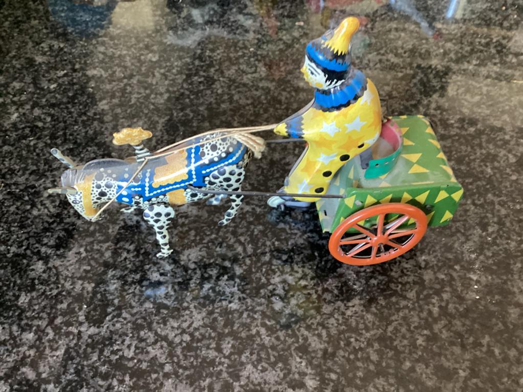 Vintage blikken speelgoed: Clown met kar en ezel, Ophalen of Verzenden
