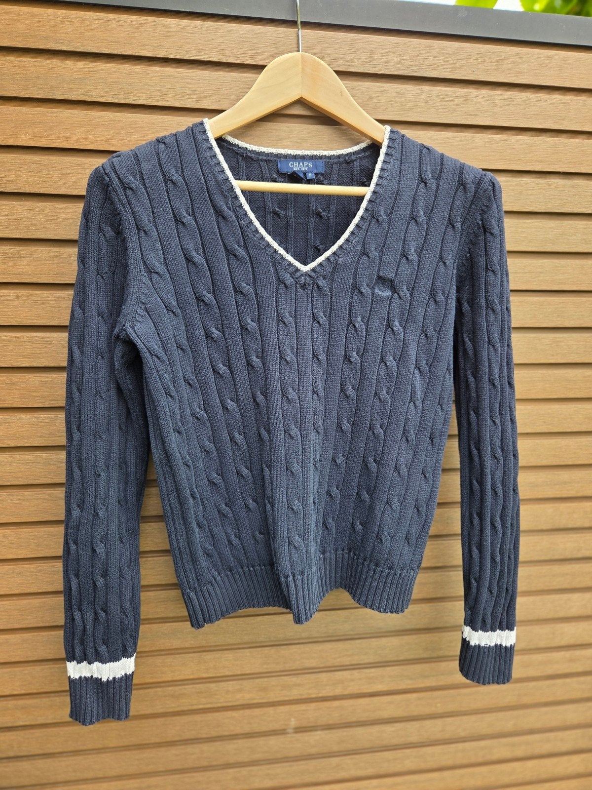 Chaps by Ralph Lauren Kabelgebreide V-hals Trui Maat S, Kleding | Dames, Blauw, Ophalen of Verzenden, Chaps, Maat 36 (S)