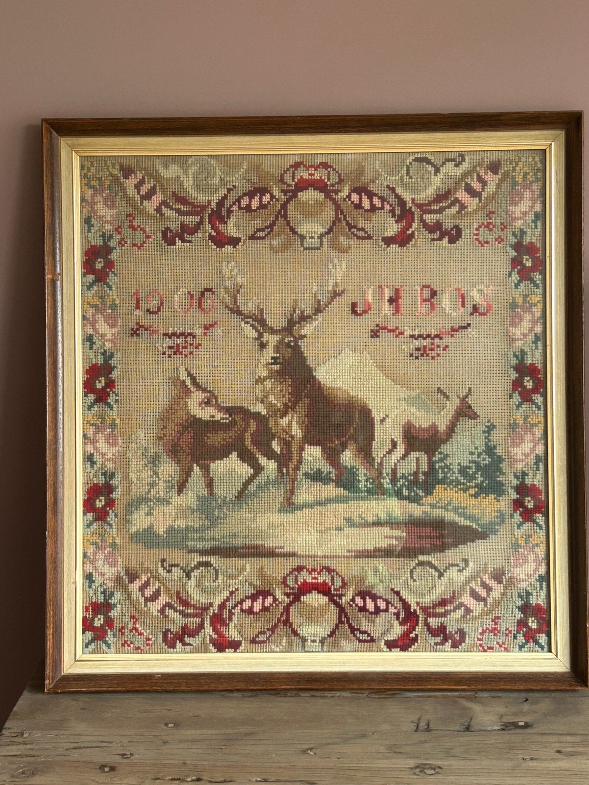 Oude geborduurde Merklap Schilderij met herten, Antiek en Kunst, Ophalen