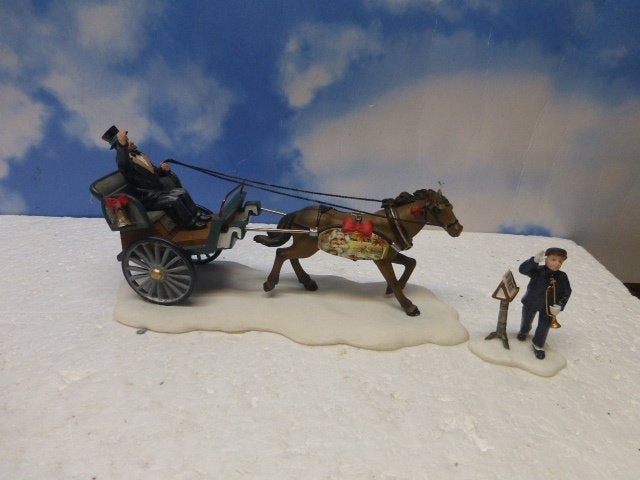 luville man on carriage sees musician kerstdorp koets paard, Ophalen of Verzenden