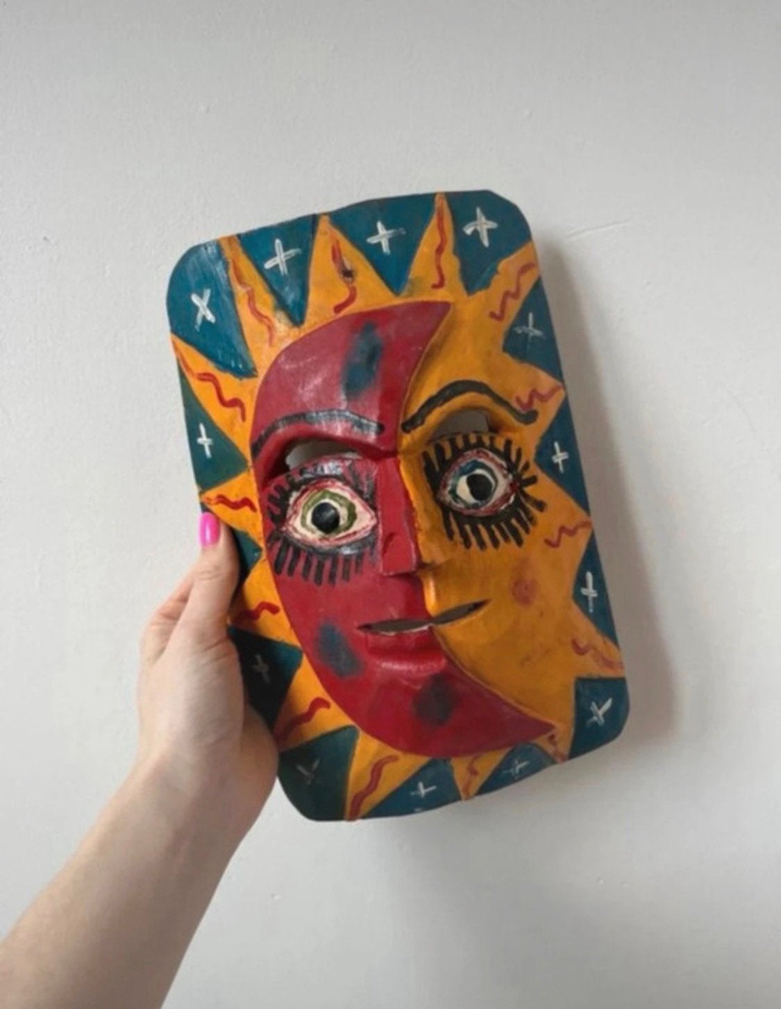 Vintage houtsnijwerk, 17x27cm. Zon maan boho bohemian ibiza, Gebruikt, Handgemaakt, Verzenden, Hout