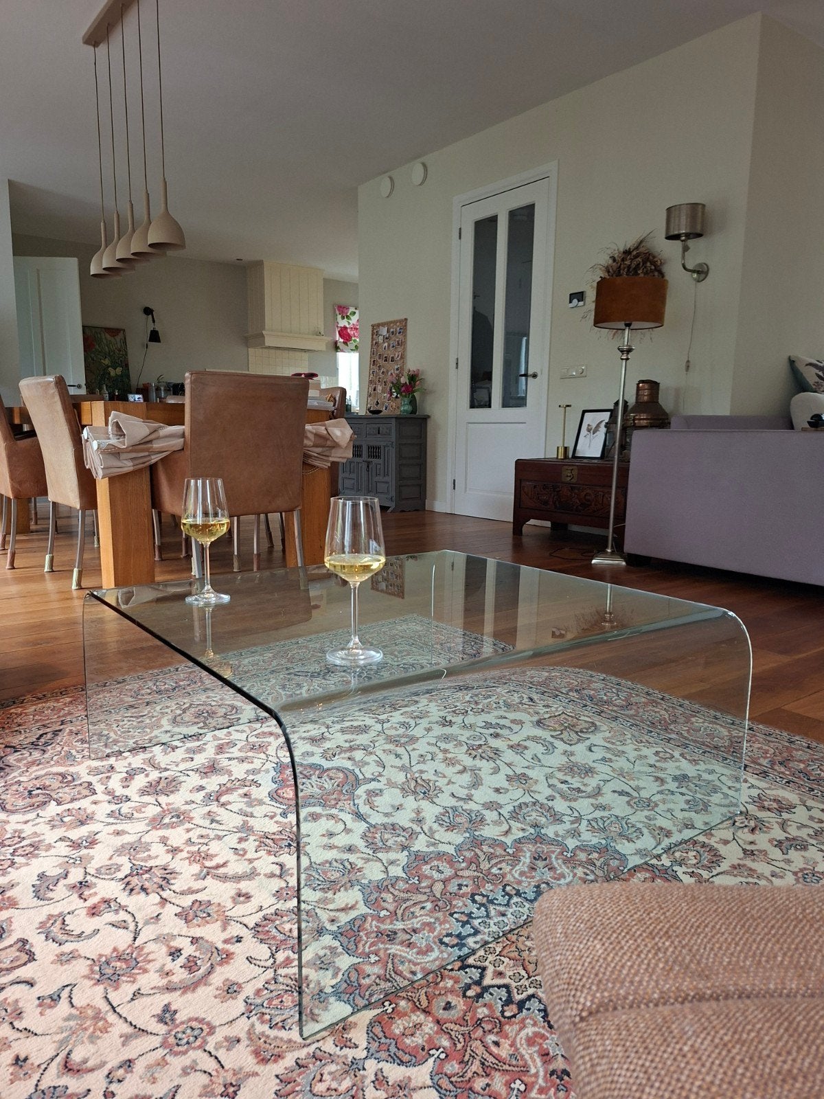 Salontafel van hardglas. Afmetingen 90 bij 90 en hoog 38 cm., Ophalen, 50 tot 100 cm, Vierkant, 50 tot 100 cm