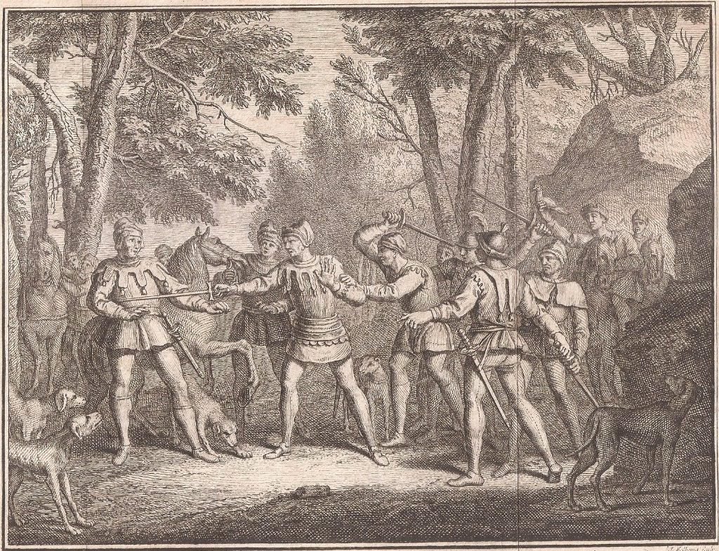 De Fries Galama verdedigt zich tegen graaf Floris II, Origineel, 19 cm, Ophalen of Verzenden, Gravure