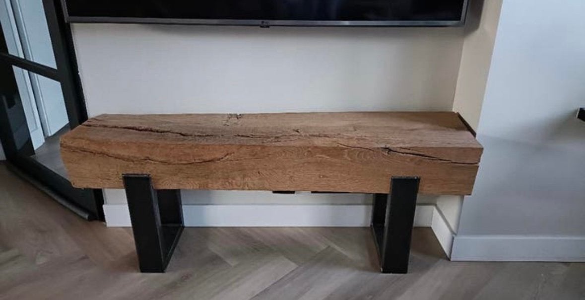 Uniek Eikenhouten biels TV-meubel, Huis en Inrichting, Kasten | Televisiemeubels, Ophalen, Gebruikt, 100 tot 150 cm, Eikenhout