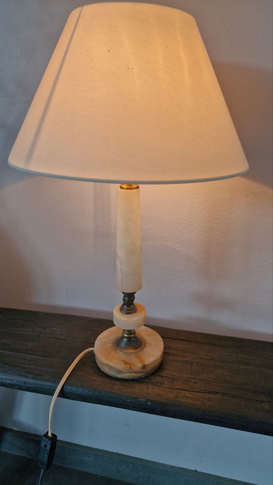 Vintage Tafellamp Onyx met Stoffen Kap, Beige, Met schakelaar, Gebruikt, Overige merken