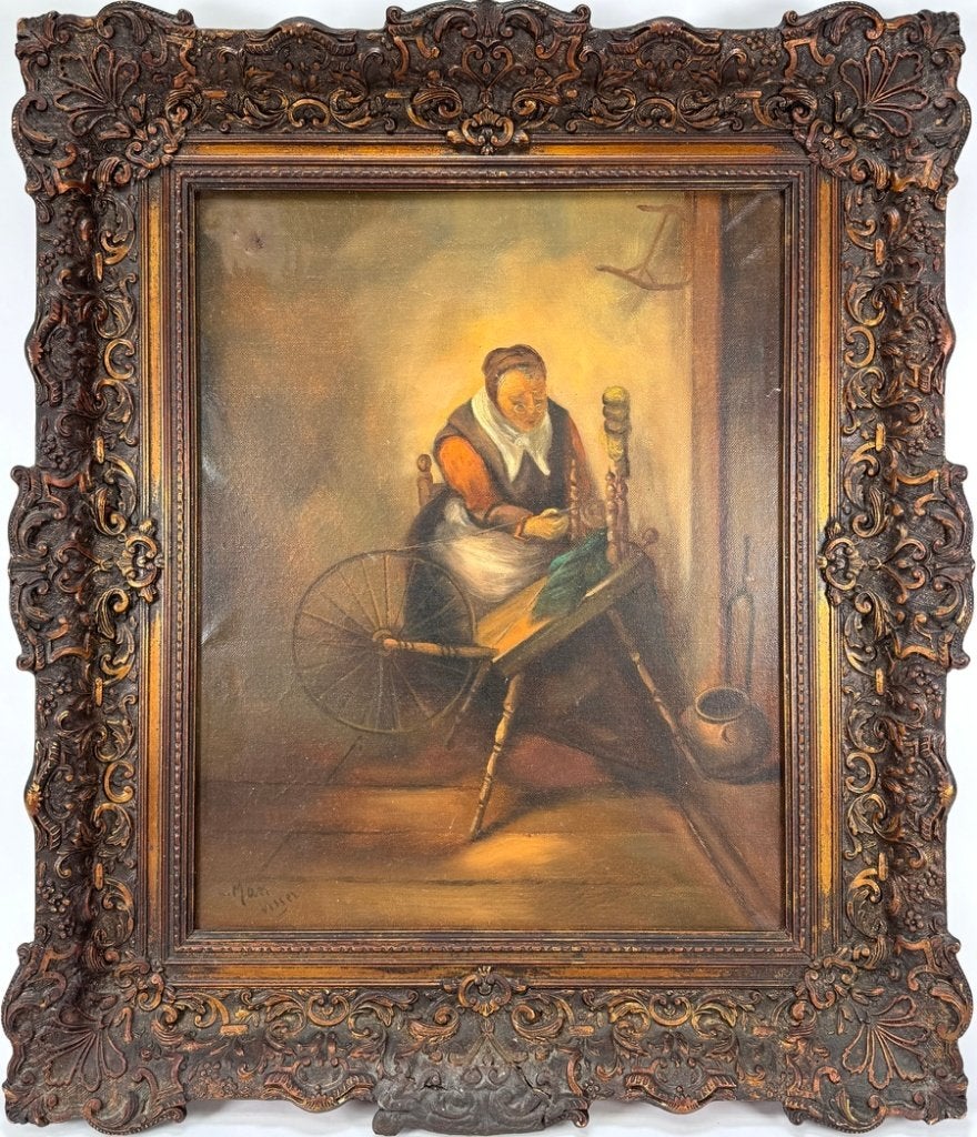 343. Olieverfschilderij - spinster, ca. 1920, Antiek en Kunst, Kunst | Schilderijen | Modern, Ophalen, Ingelijst, Olieverf, Figuren