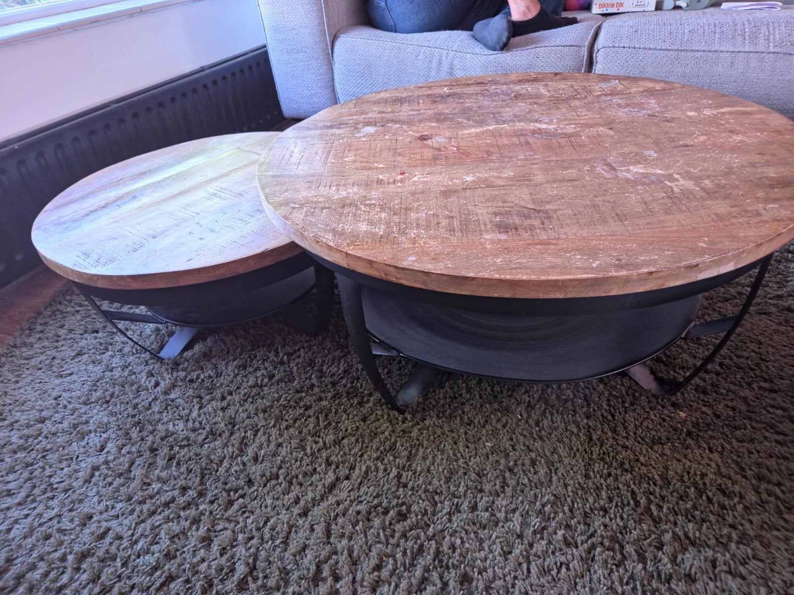 2 industrieel salontafels van mango hout, Ophalen, 50 tot 100 cm, Rond, 50 tot 100 cm