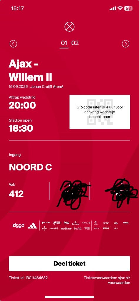Ajax- Willem II, Tickets en Kaartjes, Losse kaart, Eén persoon, September