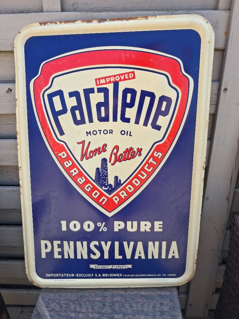 groot oud blikken bord PARALENE OIL jaar 1951..., Verzamelen, Merken en Reclamevoorwerpen, Ophalen of Verzenden, Gebruikt, Reclamebord