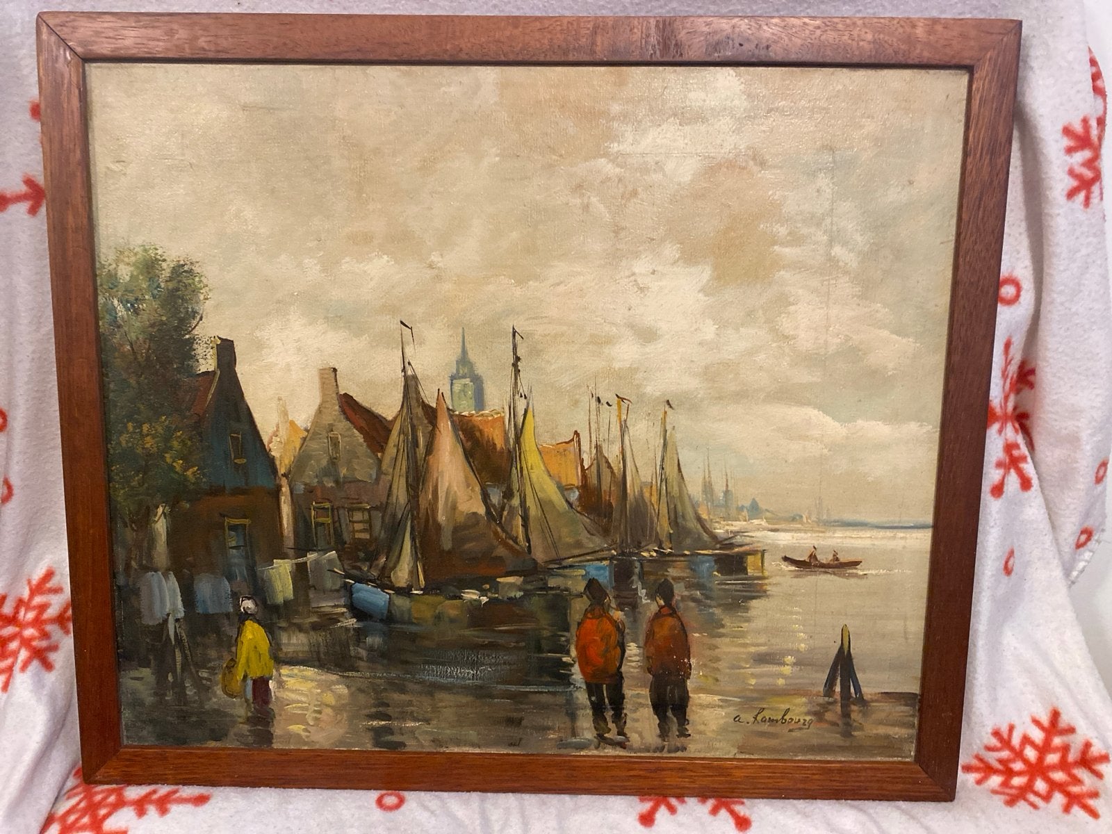 A. Hambourg - Haven van Volendam, olieverf op doek, Maritiem / water, Doek, Ophalen of Verzenden, Gesigneerd