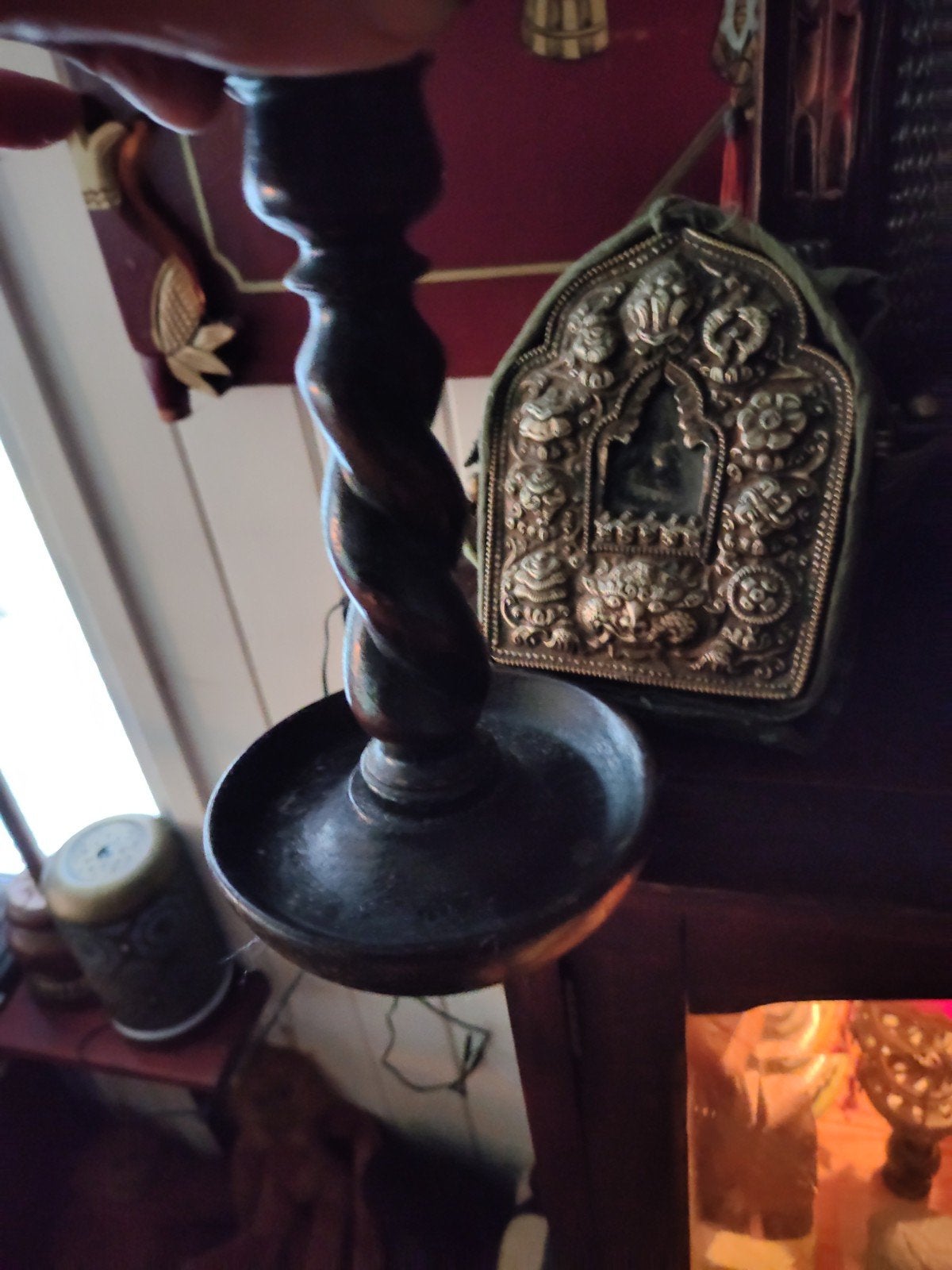 Antieke kandelaar, hout, gedraaid handmade, Ophalen of Verzenden