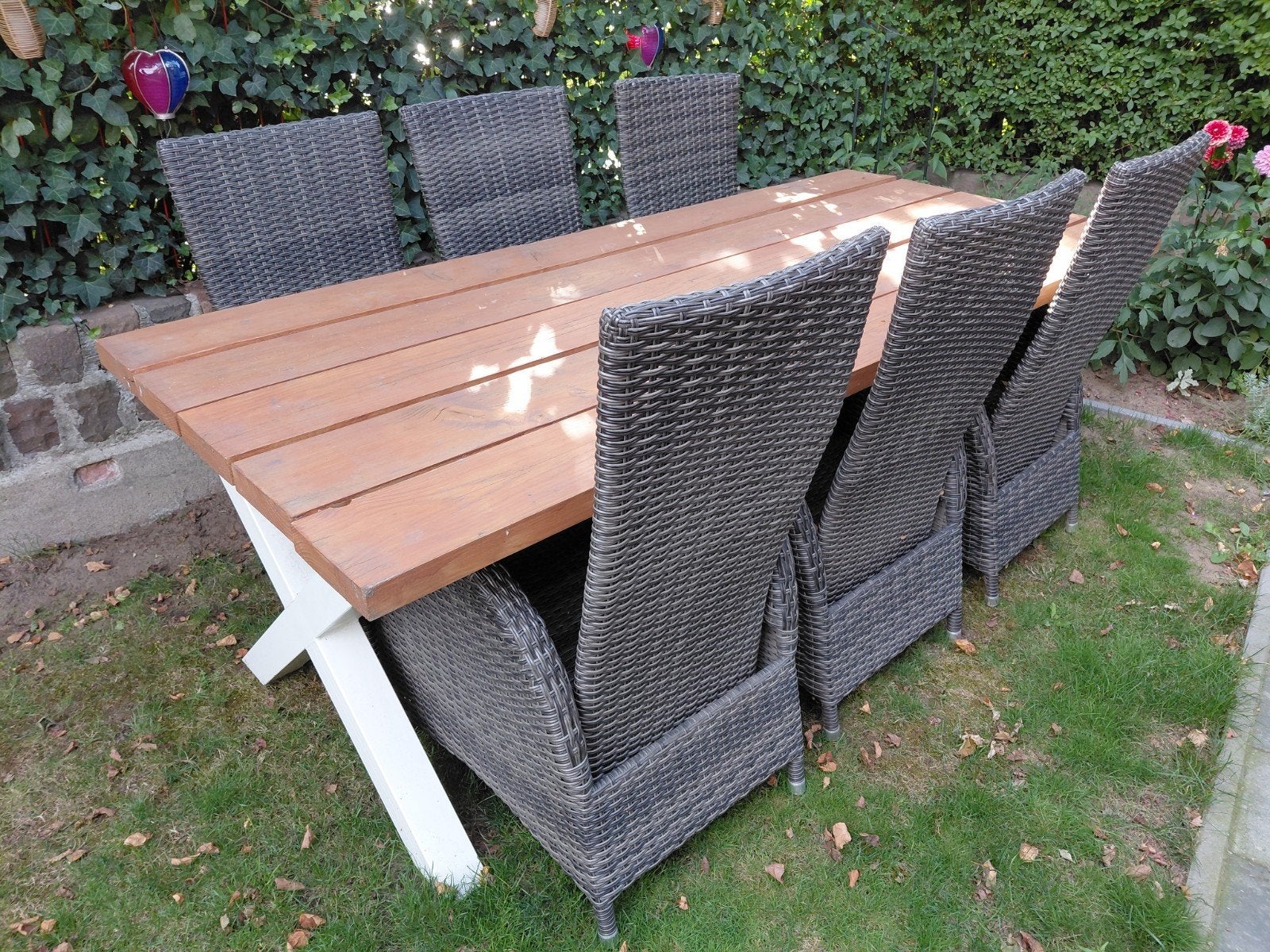 Tuintafel 220x100cm met 6 stoelen en kussens, Tuin en Terras, Ophalen, Gebruikt