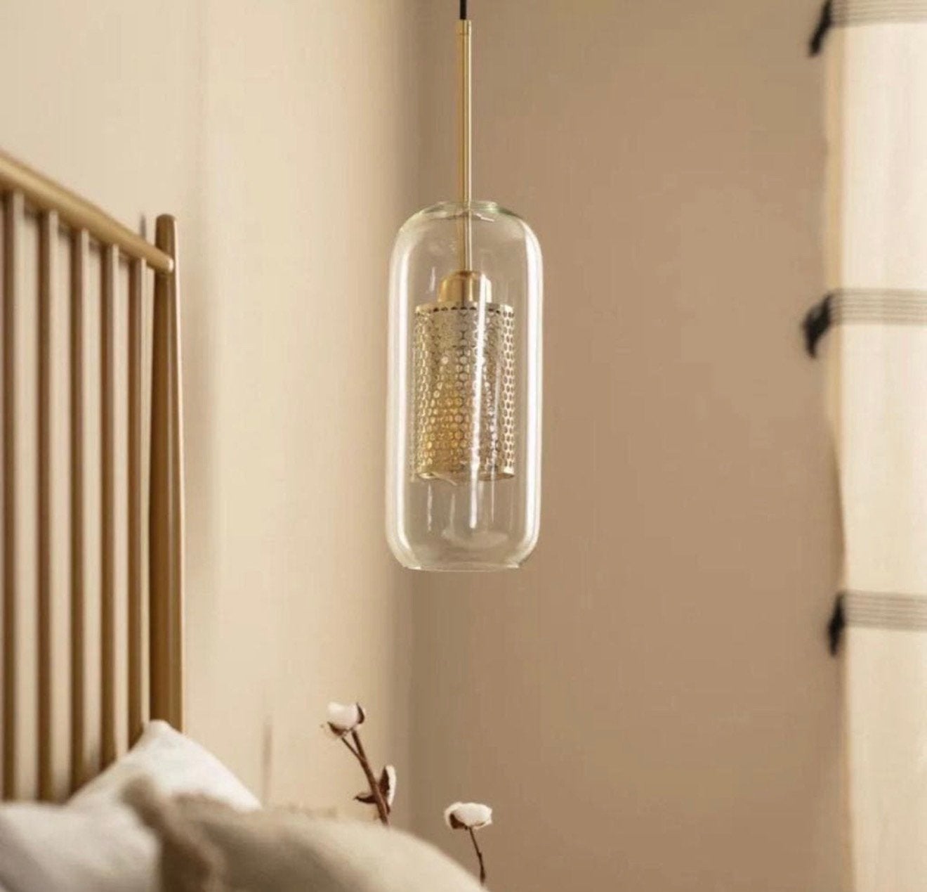 LED hanglamp Julieta Lungo industrieel goud + glas lantaarn, Huis en Inrichting, L, Nieuw, Glas, L