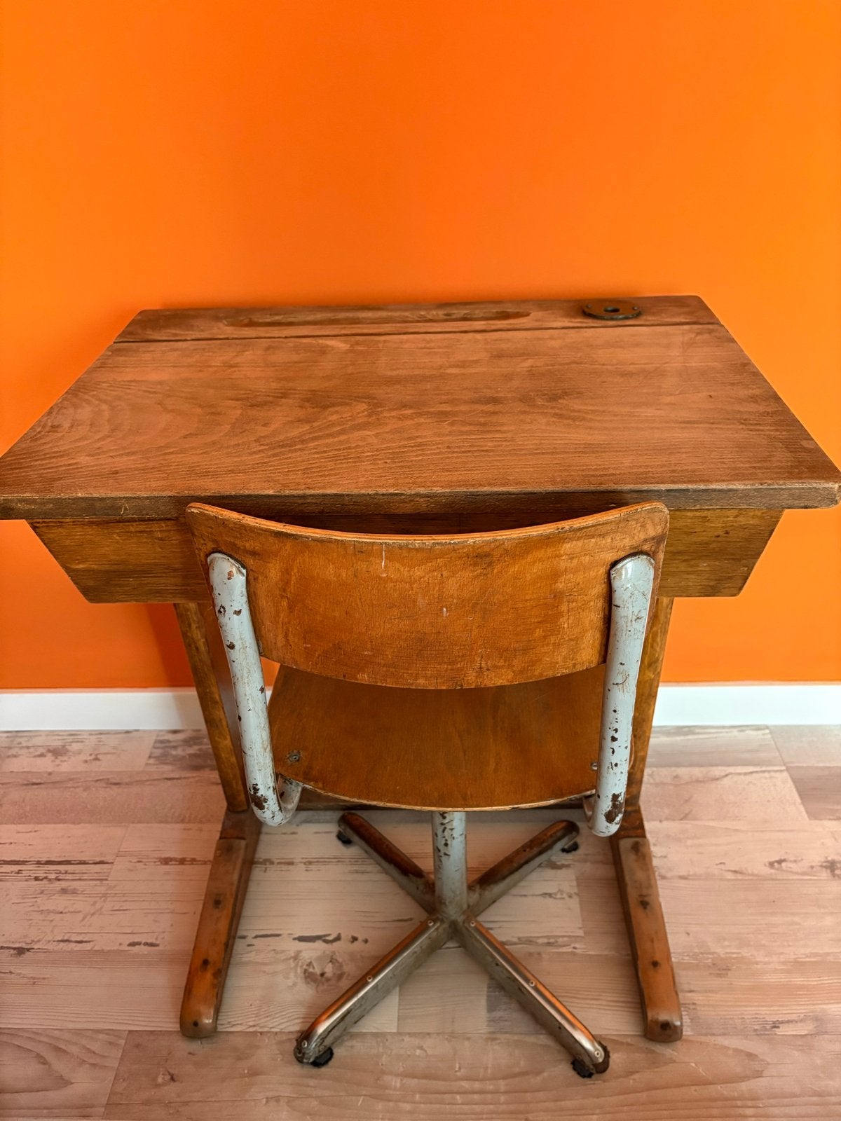 Vintage houten schoolbank met stoel - 60x42x68 cm, Ophalen