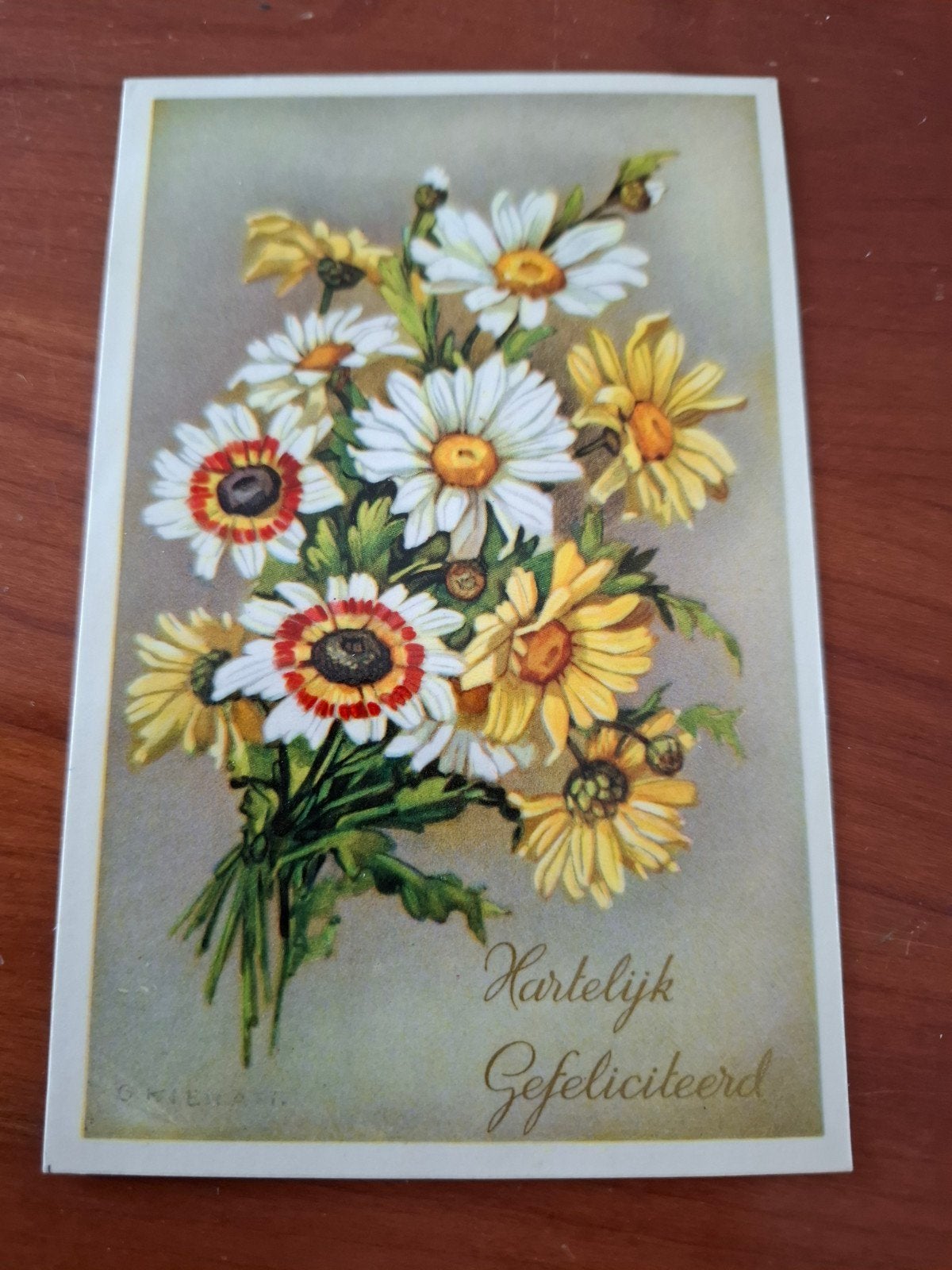 Oude ansichtkaart Hartelijk Gefeliciteerd met bloemen (1958), Ophalen of Verzenden, 1940 tot 1960, Gelopen, Natuur