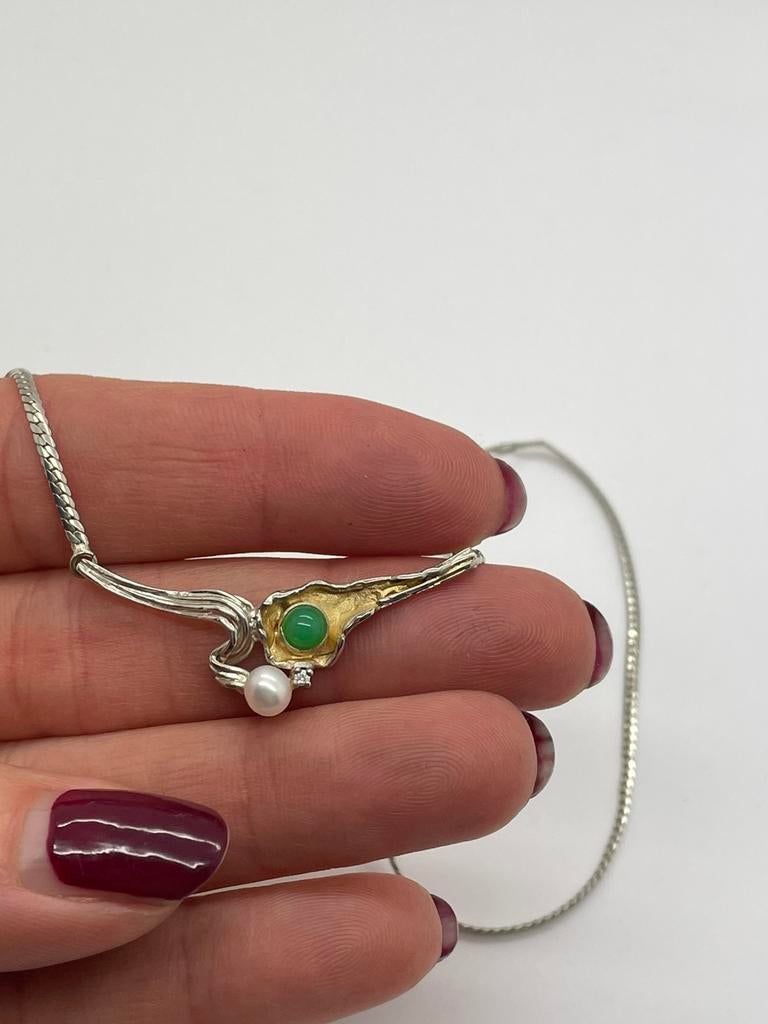 C861 Prachtige zilveren ketting bicolor parel jade, Sieraden, Tassen en Uiterlijk, Antieke sieraden, Ophalen of Verzenden, Zilver
