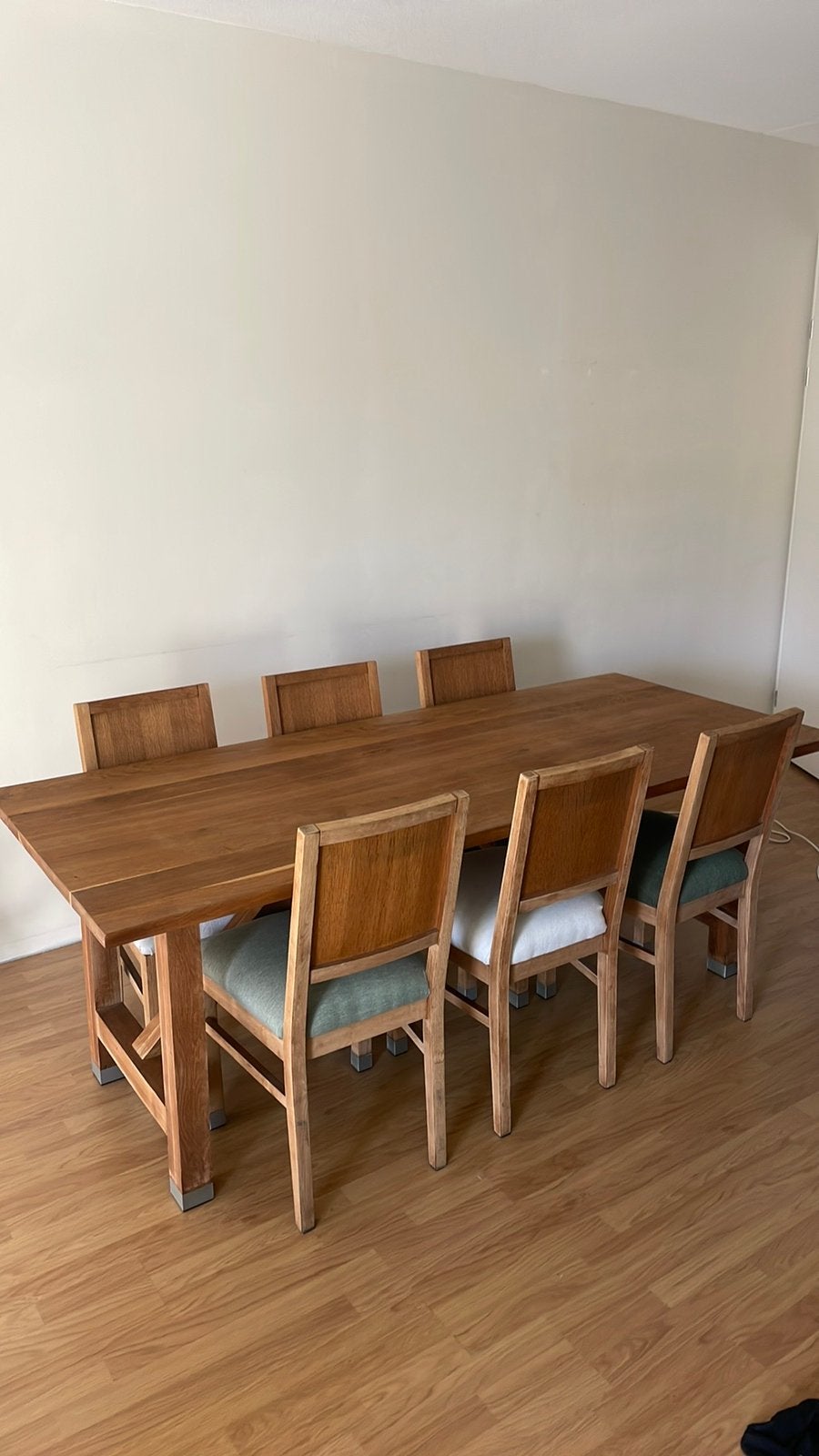 Massief eikenhouten eettafel + 6 stoelen, Ophalen, Gebruikt, 4 tot 6 stoelen