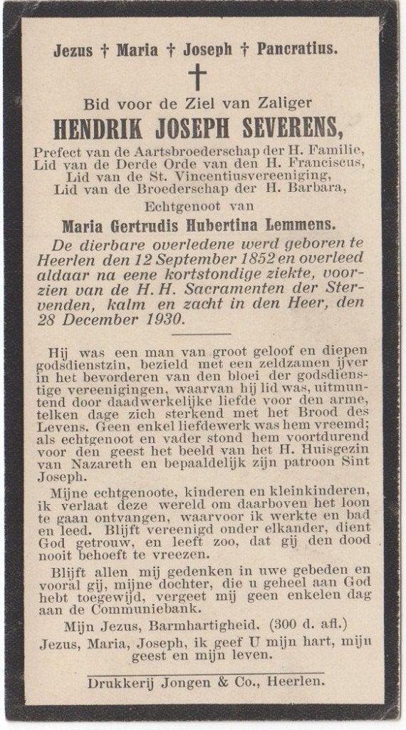 Hendrik J. Severens 1852 Heerlen + 1930 Heerlen, 78 jaar oud, Verzenden
