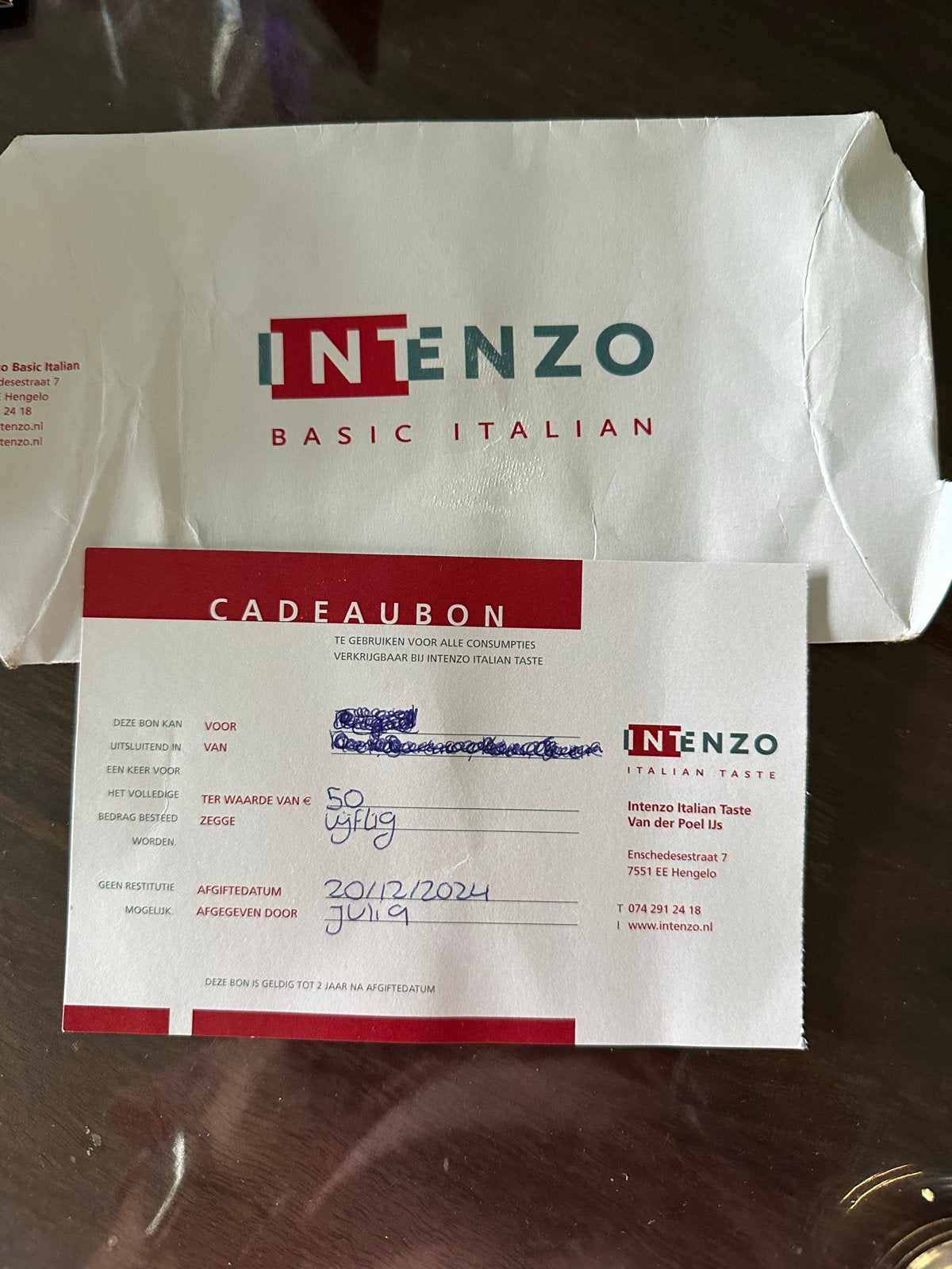 Cadeaubon intenzo €50, Eén persoon, Cadeaubon