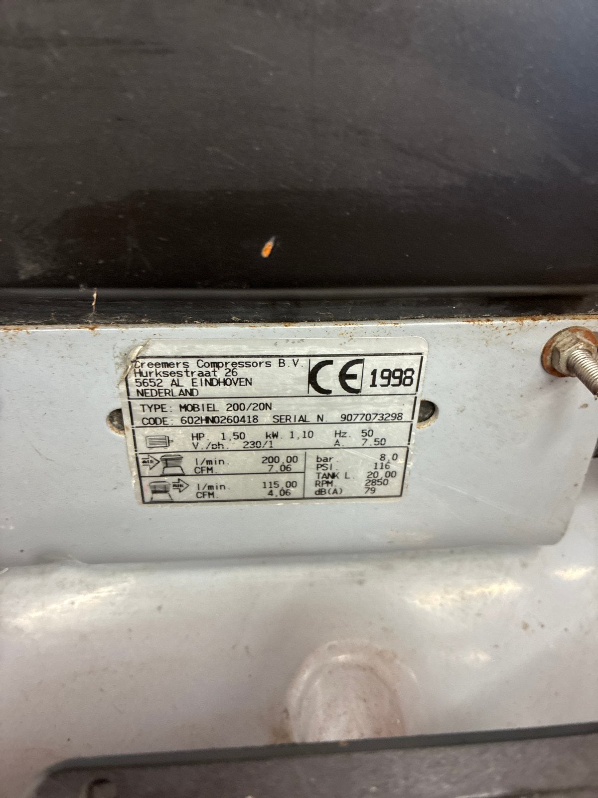 Creemers 200/20N compacte compressor, Doe-het-zelf en Verbouw, Ophalen, Gebruikt, 6 tot 10 bar, 200 tot 400 liter/min