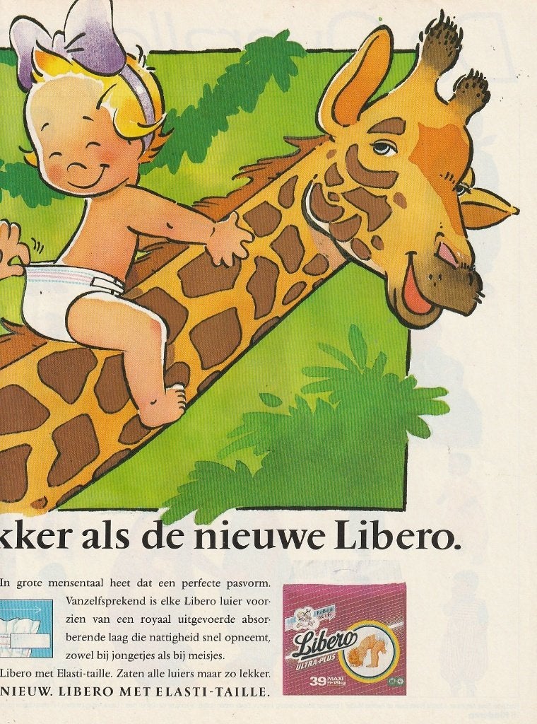 Retro reclame 1990 Libero baby luiers samen op de giraffe, Verzenden, Overige typen
