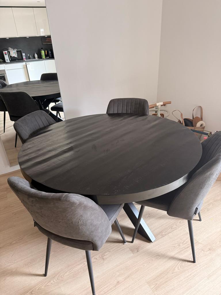 Mango houten eettafel (130cm) + 4 stoelen, Ophalen, Gebruikt, 100 tot 150 cm, Rond