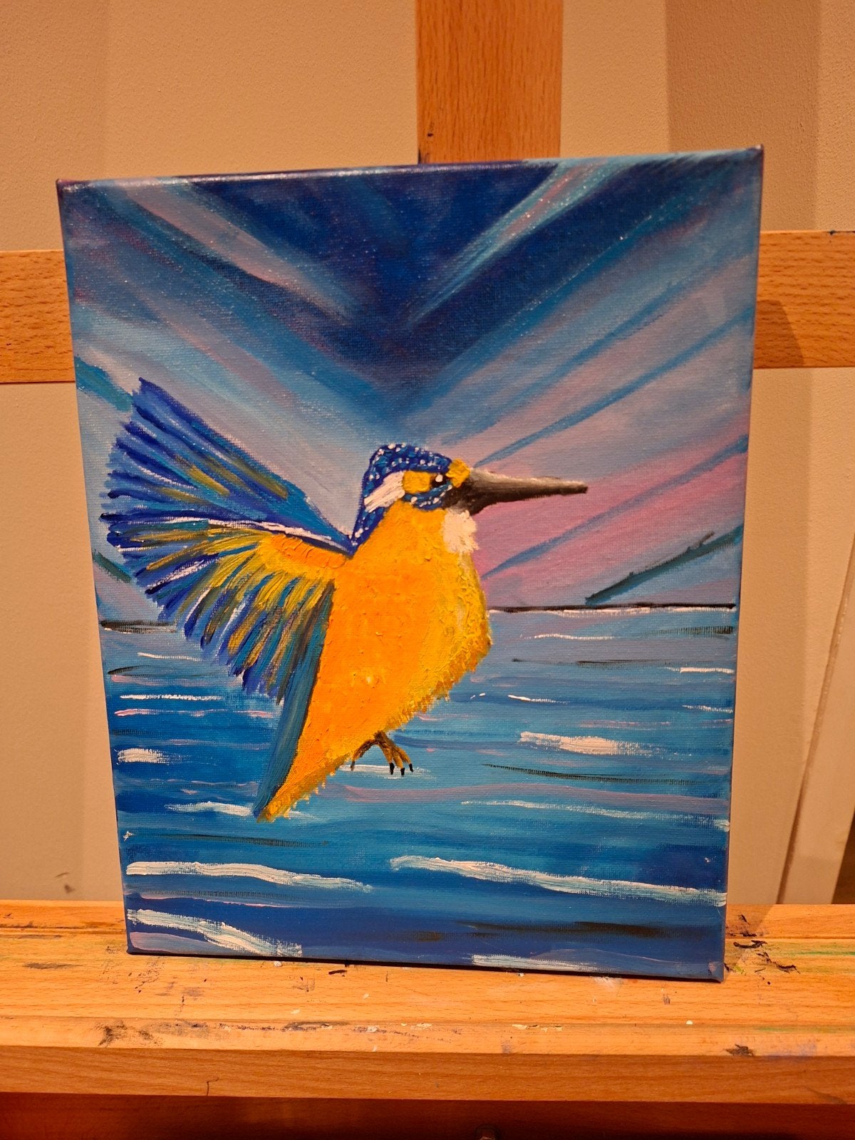 IJsvogel olieverfschilderij op canvas 24x30 cm, Antiek en Kunst, Kunst | Schilderijen | Modern, Ophalen of Verzenden