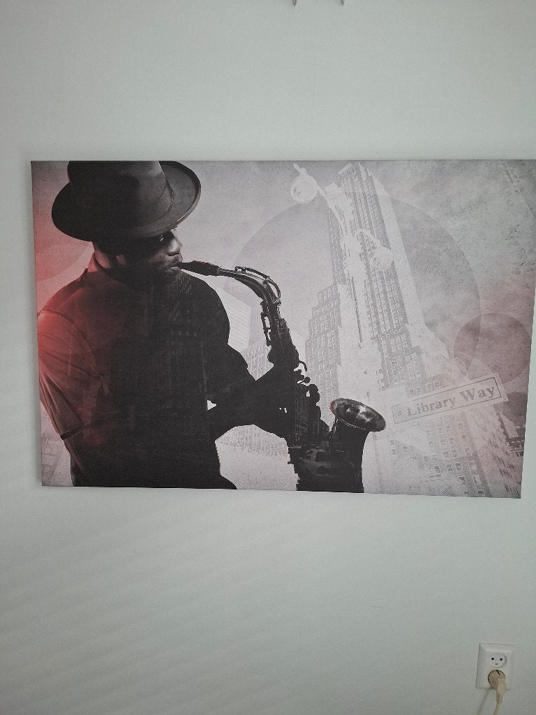 Spelende man op saxofoon op canvas., Ophalen, 50 – 75, Overige typen, Zo goed als nieuw