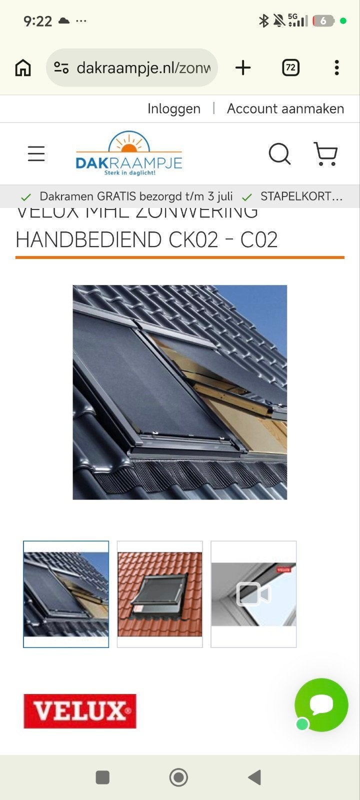 Velux Buitenzonwering GGL 8 Handbediend, Ophalen, Overige typen, Minder dan 150 cm, Minder dan 250 cm