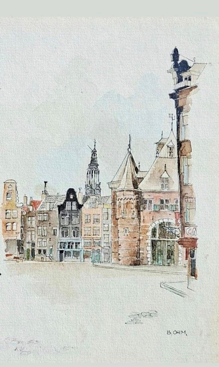 Zeldzame aquarel/pentekening Nieuwmarkt Amsterdam 1920, Antiek en Kunst, Ophalen of Verzenden