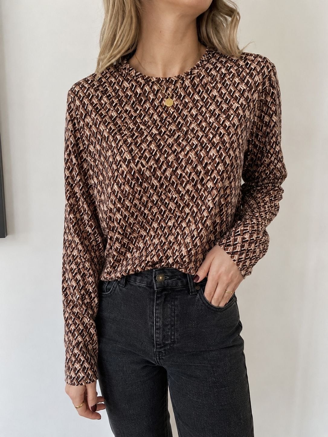 Perla Nera Blouse met Geometrisch Patroon Maat L, Kleding | Dames, Blouses en Tunieken, Verzenden, Gedragen, Maat 42/44 (L), Bruin