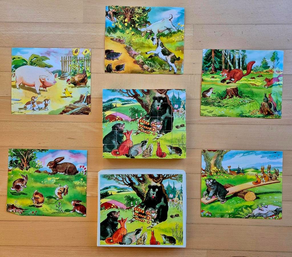 6-in-1 Vintage blokken puzzel met 6 verschillende afbeelding, Ophalen of Verzenden, 10 tot 50 stukjes