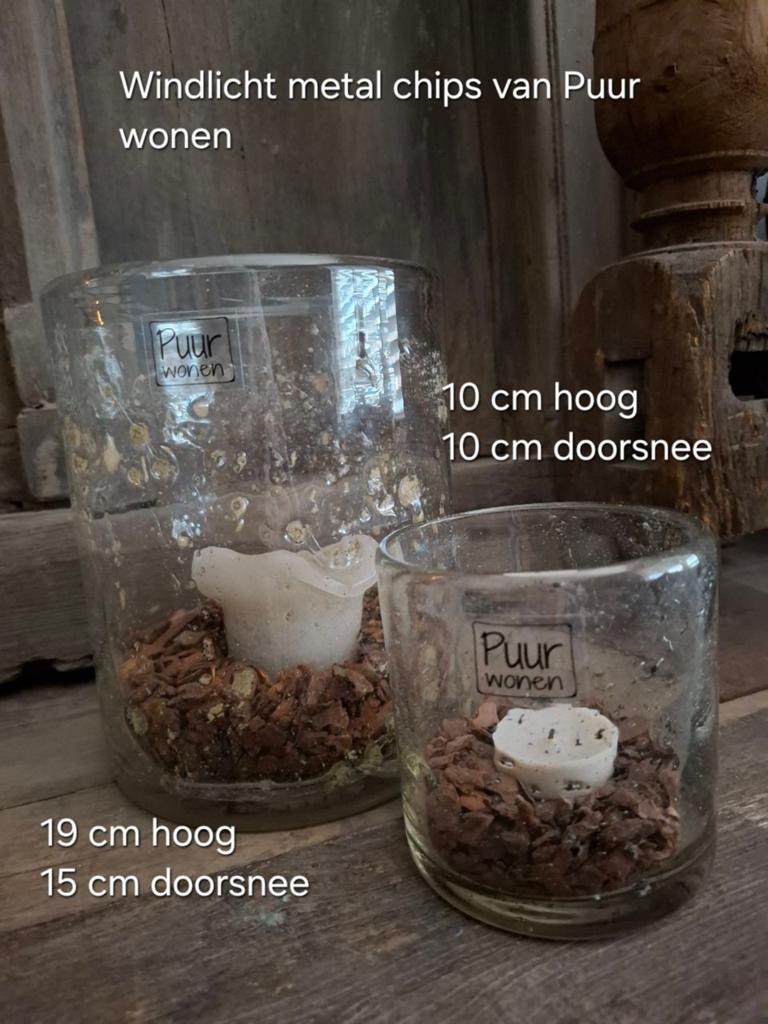 Twee windlichten metal chips van Puur wonen, Ophalen of Verzenden, Zo goed als nieuw, Overige materialen, Minder dan 25 cm