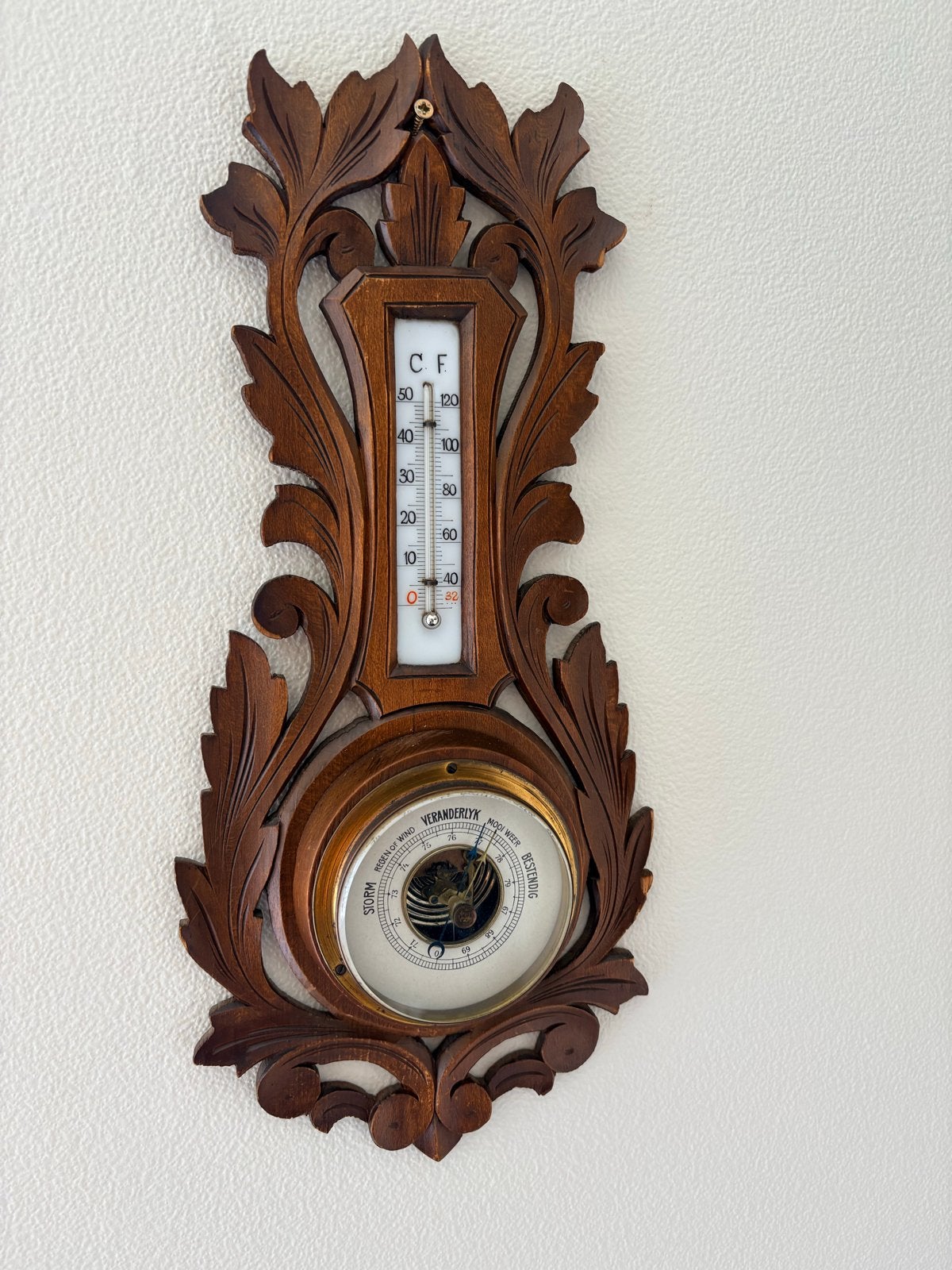 Antieke Barometer en Thermometer in Houten Lijst, Audio, Tv en Foto, Weerstations en Barometers, Ophalen, Gebruikt, Weerstation