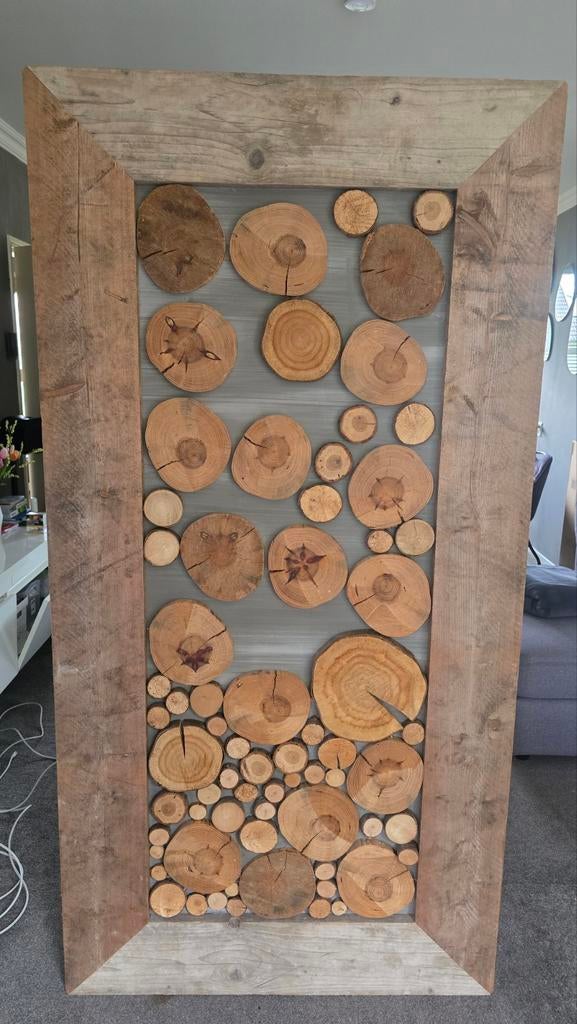 Uniek houten schilderij van boomstammetjes - 200x100 cm, Huis en Inrichting, Ophalen, Gebruikt, Schilderij, Hout